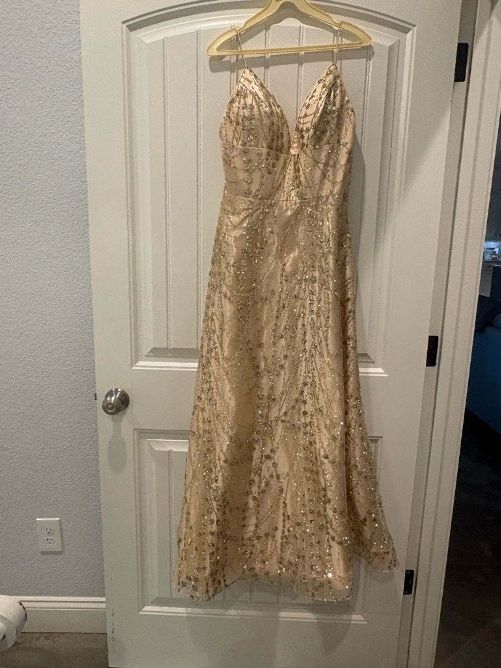 Adore Champagne Gold Beaded Spaghetti Strap Prom Dress